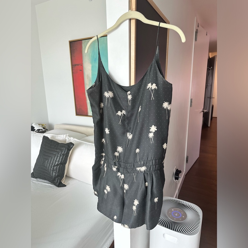 Rag & Bone Gray Blue Romper with Cream Palm Print Silk